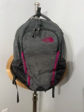 The North Face Vault Grey Backpack with Hot Pink Accents